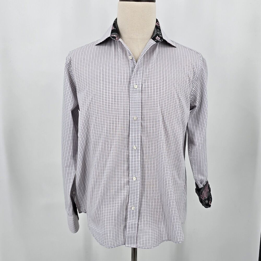 Christian Aujard Paris White with Grey Check Flip Cuff Dress Shirt Men's M - Picture 2 of 8